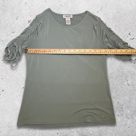 Carmen Marc Valvo Blouse Ruched Sleeves Adjustable Ties Round Neckline Green W S - Picture 5 of 8